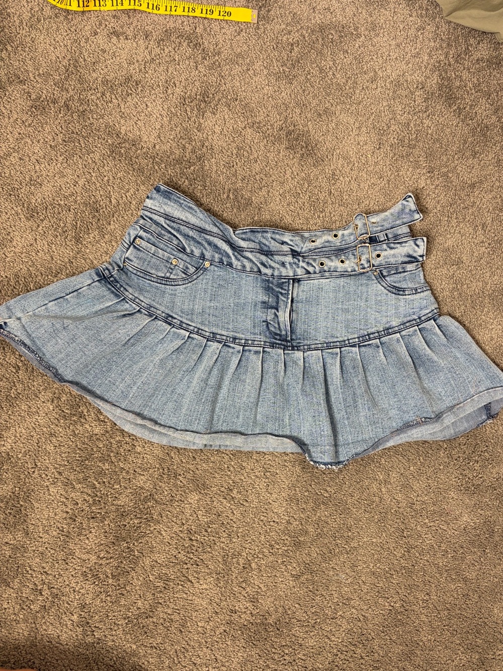 Y2K Light Blue Denim Pleated Mini Skirt low raised with Double Buckle Waist